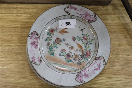 Five assorted 18th century Chinese famille rose plates, 9in.